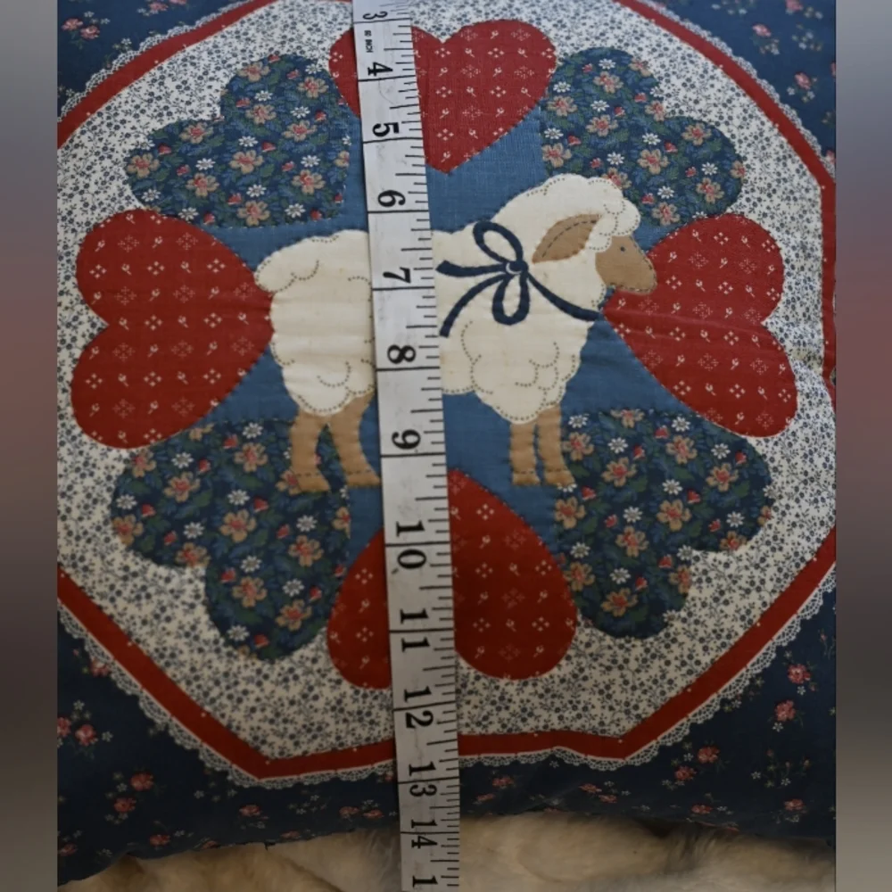 Sheep Lamb Flowers Heart Handcrafted Patch Blue Red White Accent Pillow 14x14